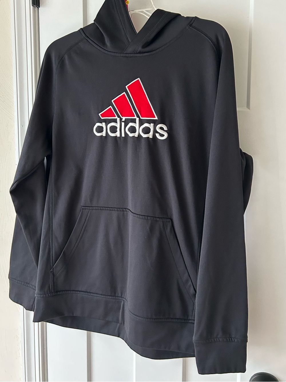 Adidas Black Hoodie with Red Logo and White Wordmark